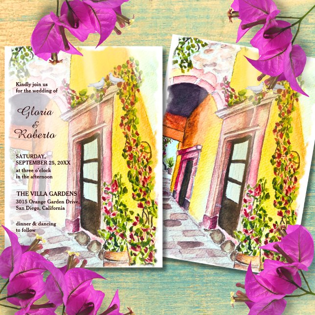 Watercolor Bougainvillea Old Mexico Wedding Invitation (Creator Uploaded)