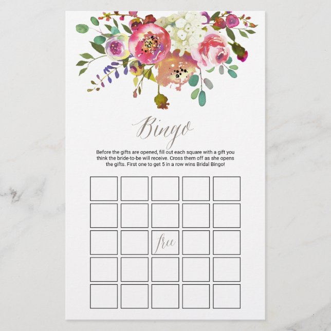 Watercolor Bouquet Bridal Bingo Game (Front)