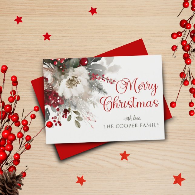 Watercolor bouquet Calligraphy Christmas Red Holiday Card (Creator Uploaded)