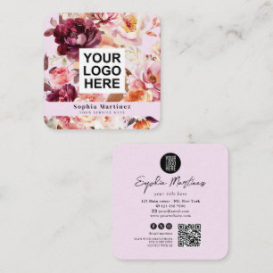 Watercolor Bouquet Floral Burgundy & QR Code Logo Square Business Card