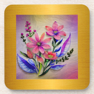 Watercolor Bouquet Flowers, Colourful Background Coaster