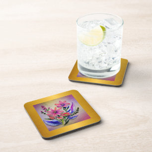 Watercolor Bouquet Flowers, Colourful Background Coaster