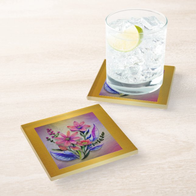 Watercolor Bouquet Flowers, Colourful Background   Glass Coaster (Angled)