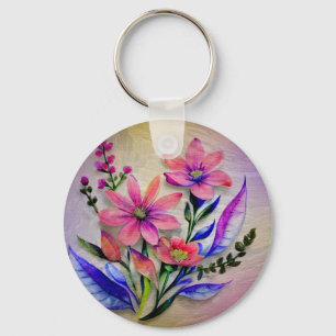 Watercolor Bouquet Flowers, Colourful Background   Key Ring
