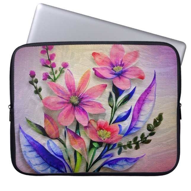 Watercolor Bouquet Flowers, Colourful Background   Laptop Sleeve (Front)
