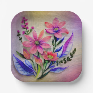 Watercolor Bouquet Flowers, Colourful Background   Paper Plate