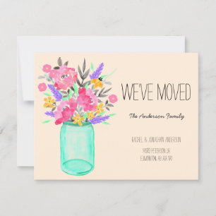 Watercolor Bouquet Mason Jar Flowers We've Moved Card