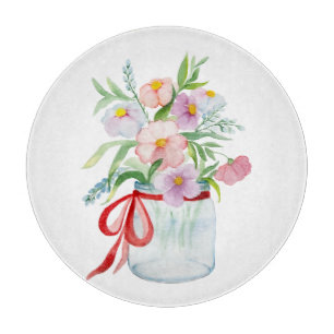 Watercolor bouquet of flowers in a vase with a rib cutting board