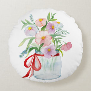 Watercolor bouquet of flowers in a vase with a rib round cushion