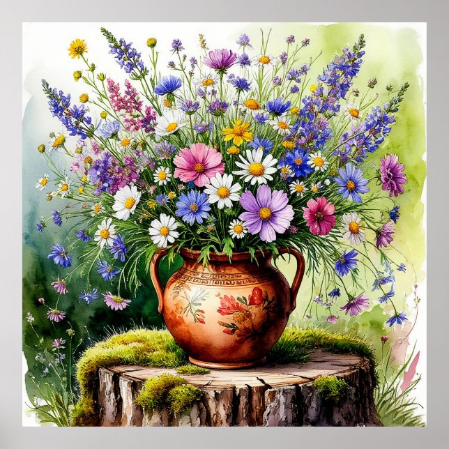 Watercolor Bouquet of Wildflowers in vase Poster (Front)
