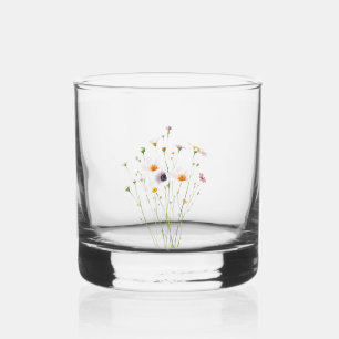 Watercolor bouquet of wildflowers whiskey glass