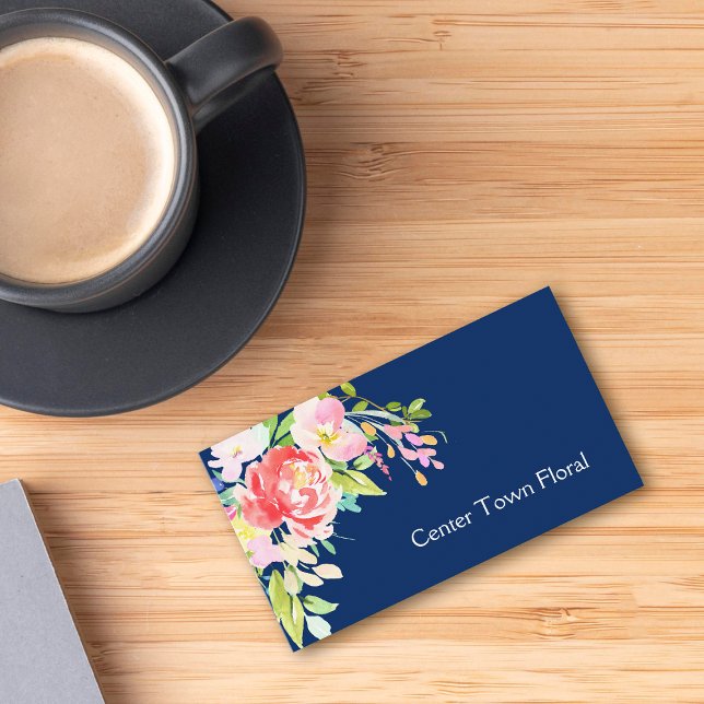 Watercolor Bouquet on Navy Blue Florist Business Card (Creator Uploaded)