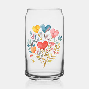 Watercolor bouquet with hearts and leaves can glass