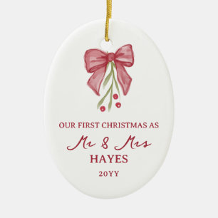 Watercolor Bow Berry Twig First Christmas Married Ceramic Ornament