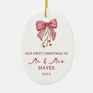 Watercolor Bow Berry Twig First Christmas Married Ceramic Ornament