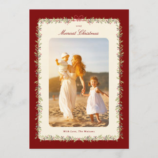 watercolor bow botanical frame 1 photo flat holiday card