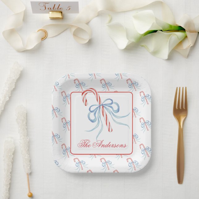 Watercolor Bow Candy Cane Paper Plate (Wedding)