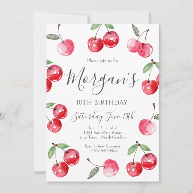 Watercolor Bow Cherry Birthday Invitation (Front)