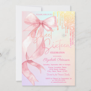 Watercolor Bow Glitter Drips Colorful Sweet 16   Invitation