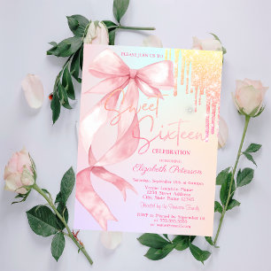 Watercolor Bow Glitter Drips Colourful Sweet 16   Invitation