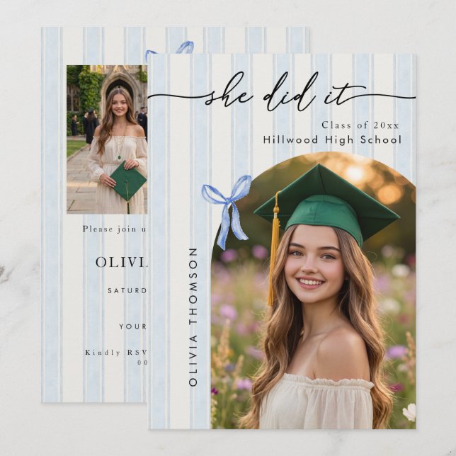 Watercolor Bow Multi Photo Graduation Party Invite (Front/Back)