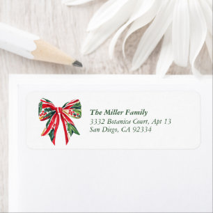 Watercolor Bow Red & Green Holly Return Address Label