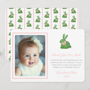 Watercolor Boxwood Spring Bunny Pink Bow Picture Thank You Card