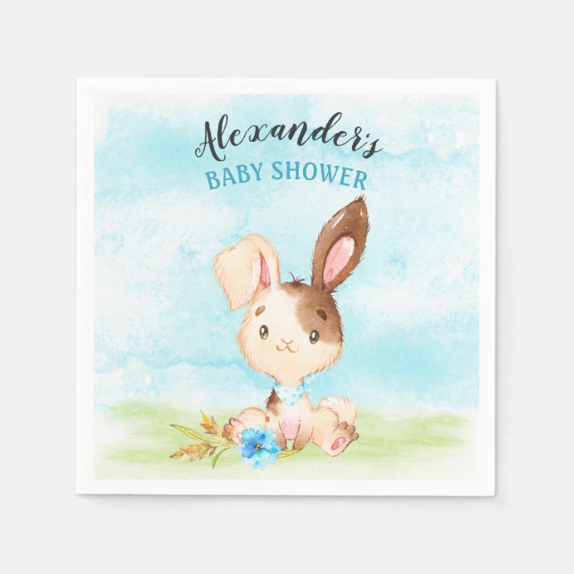 Watercolor Boy Bunny Baby Shower Farm Napkin (Front)