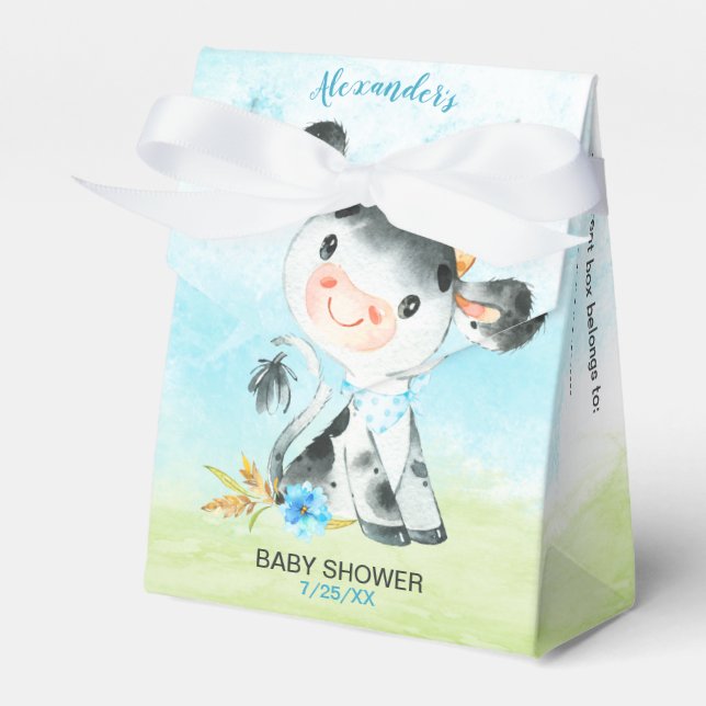 Watercolor Boy Cow Baby Shower Farm Favour Box (Front Side)