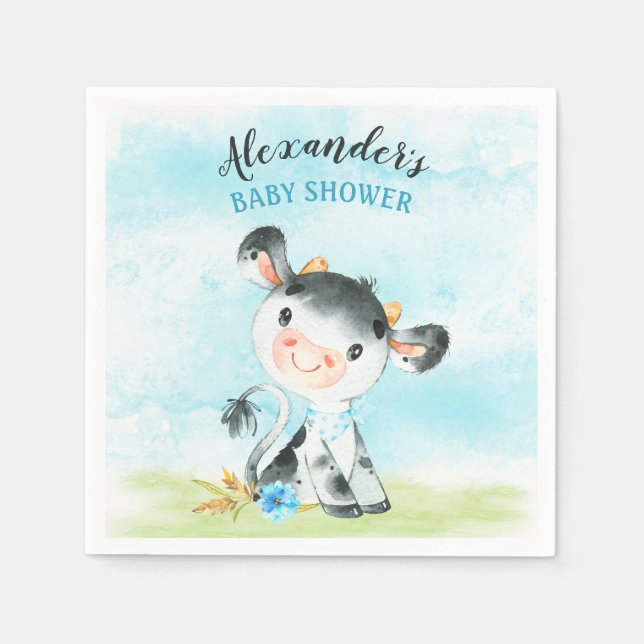 Watercolor Boy Cow Baby Shower Farm Napkin (Front)
