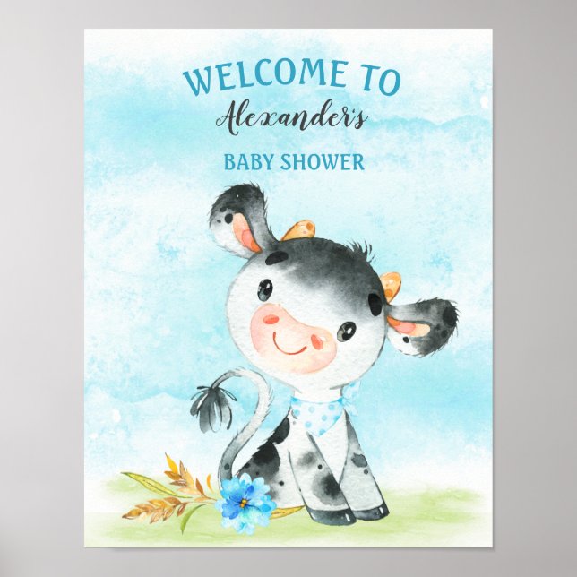 Watercolor Boy Cow Baby Shower FarmBaby Shower Poster (Front)