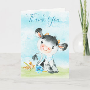 Watercolor Boy Cow Farm Thank You Card
