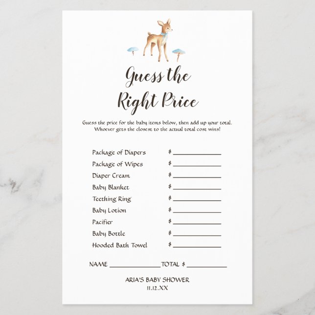 Watercolor Boy Deer White Guess The Price Game Flyer (Front)