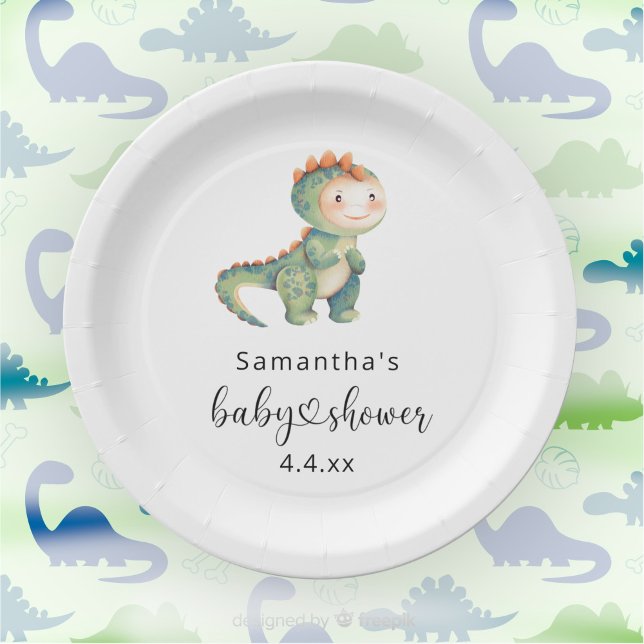 Watercolor boy dinosaur baby shower paper plate (Creator Uploaded)
