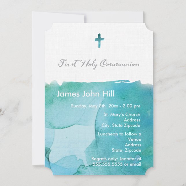 Watercolor Boy First Communion Invitation (Front)