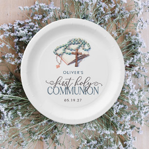 Watercolor Boy First Holy Communion Paper Plate