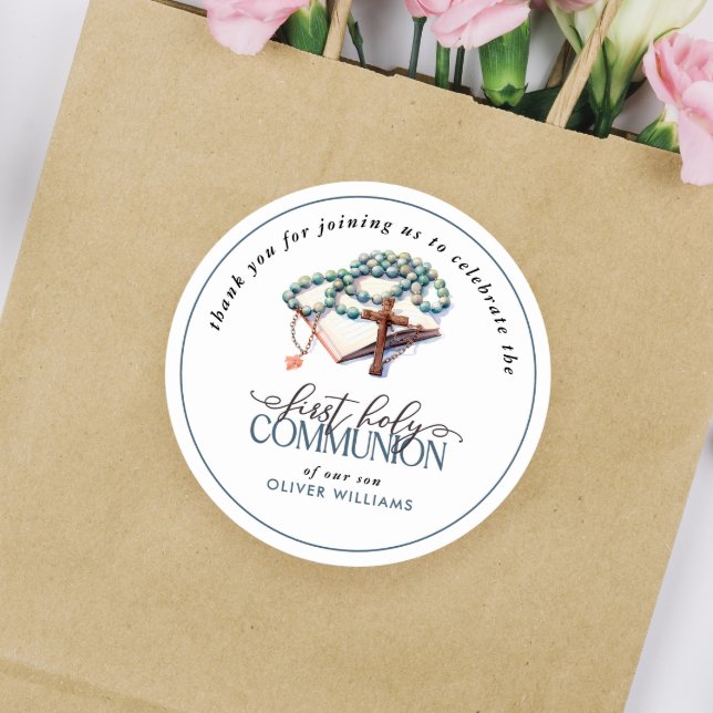 Watercolor Boy First Holy Communion Thank You Classic Round Sticker (Creator Uploaded)