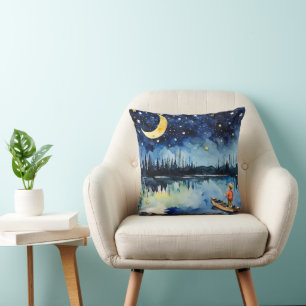 Watercolor Boy Fishing At Night Cushion