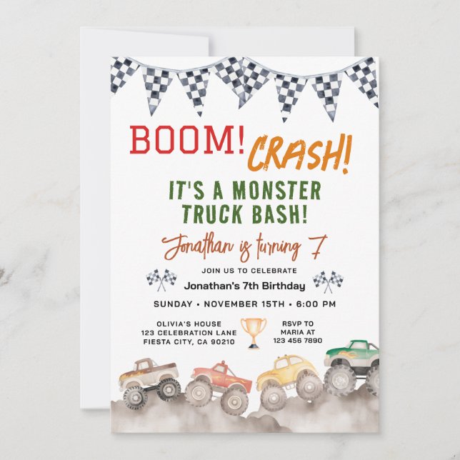 Watercolor Boy Monster Truck Birthday Race Party Invitation (Front)