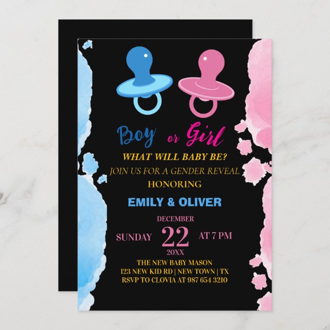 Watercolor boy of girl gender reveal invitation (Front/Back)