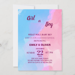 Watercolor boy of girl gender reveal invitation