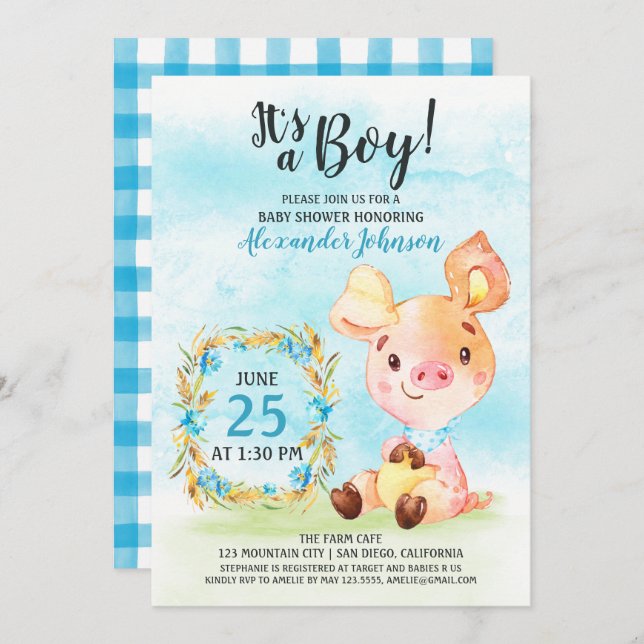 Watercolor Boy Piggy Baby Shower Farm Invitation (Front/Back)