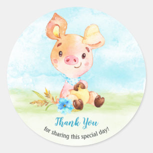 Watercolor Boy Piggy Baby Shower Farm Thank You Classic Round Sticker