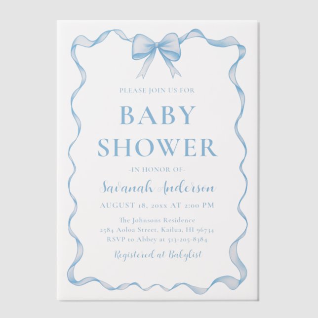 Watercolor Boy Ribbon Dusty Blue Bow Baby Shower Vellum Invitations (Front)