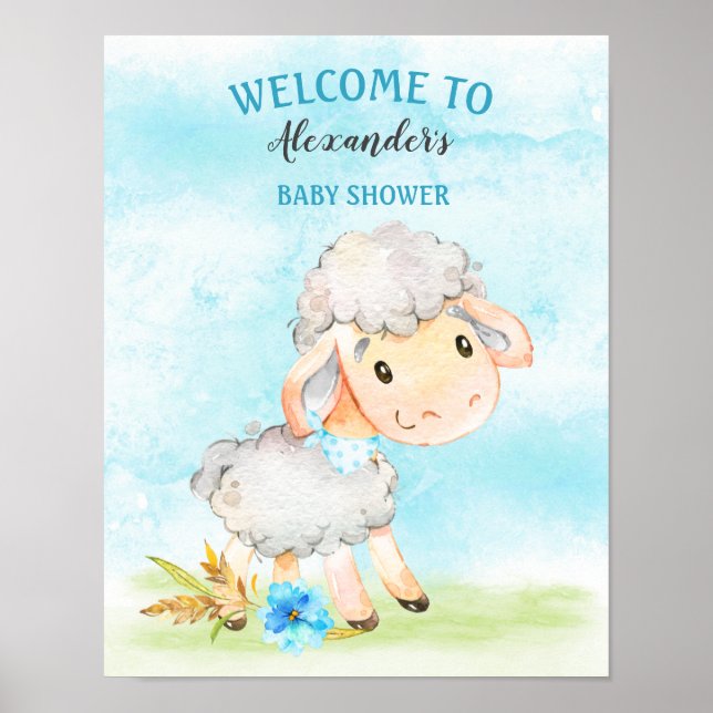 Watercolor Boy Sheep Baby Shower Farm Poster (Front)