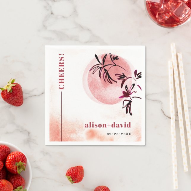 Watercolor branch and moon Japandi CHEERS wedding Napkin (Insitu)