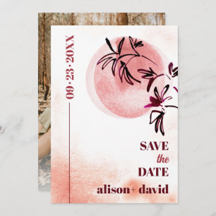 Watercolor branch and moon Japandi photo Save The Date