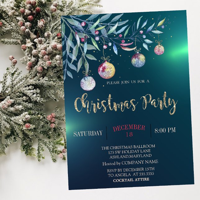 Watercolor Branch,Balls,Green Company Party Invitation (Creator Uploaded)