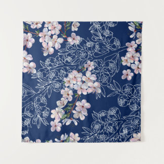 Watercolor branch flowers cherry with branch graph tapestry