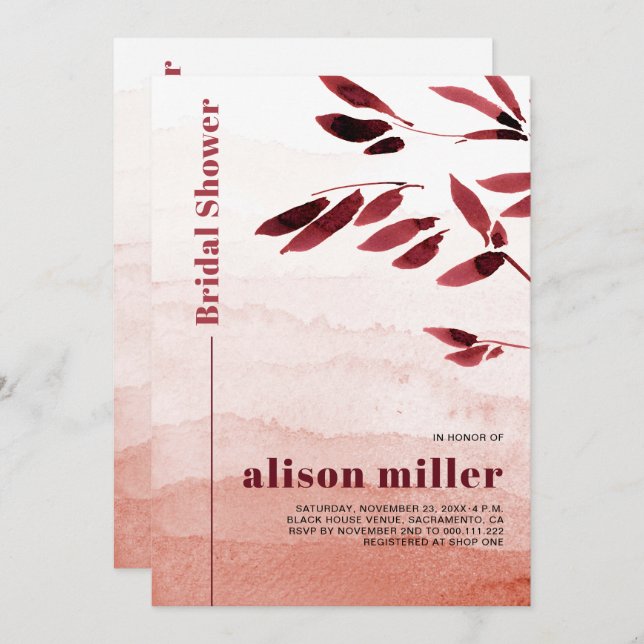 Watercolor branch gradient Japandi bridal shower Invitation (Front/Back)